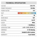Commercial Downligh 8Inch White SUG6 120-277V 30W 100lm/W 1200lm CRI90 0-10V dim - technical specifications
