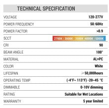 Commercial Downligh 8Inch White SUG6 120-277V 30W 100lm/W 1200lm CRI90 0-10V dim - technical specifications